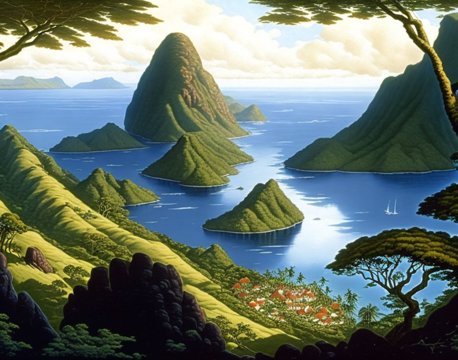 Tropical landscape with hills, bay, boats, and village under blue sky