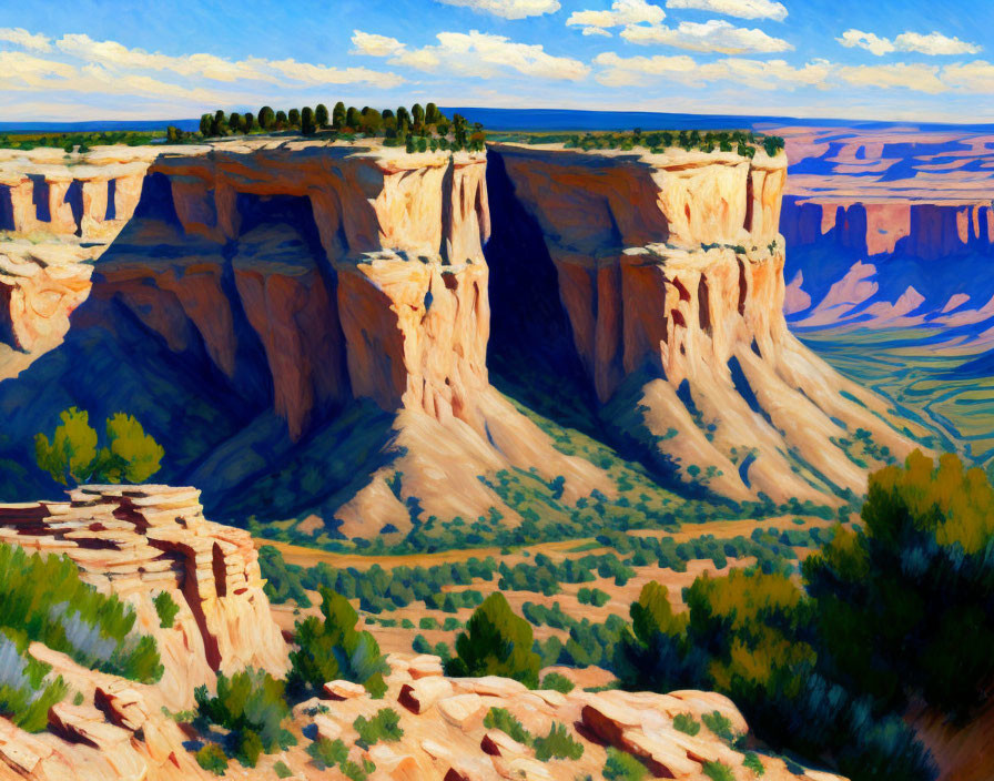 Scenic Grand Canyon painting with cliffs, plateaus, trees, and blue sky