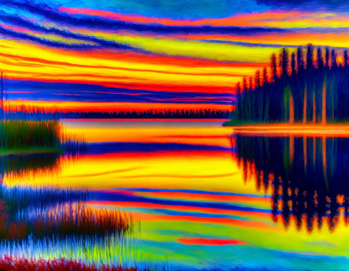 Impressionist-style sunset painting with vibrant colors and tranquil lake landscape