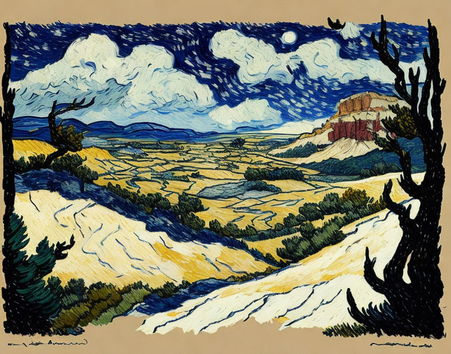 Colorful landscape painting with bold outlines: rolling hills, distant mountain, swirling sky