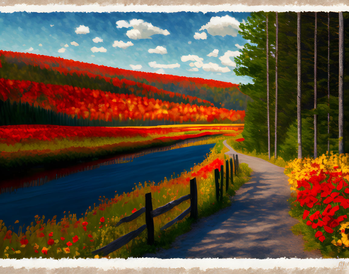 Vibrant autumn river landscape with trees and fence