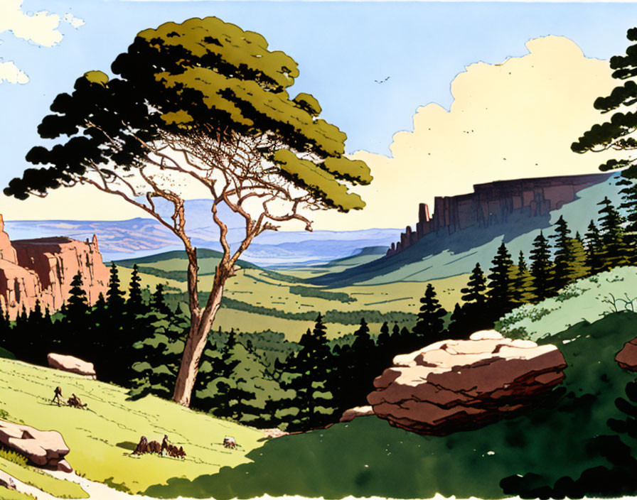 Vibrant landscape illustration with greenery, tree, rocks, cliffs, and blue sky