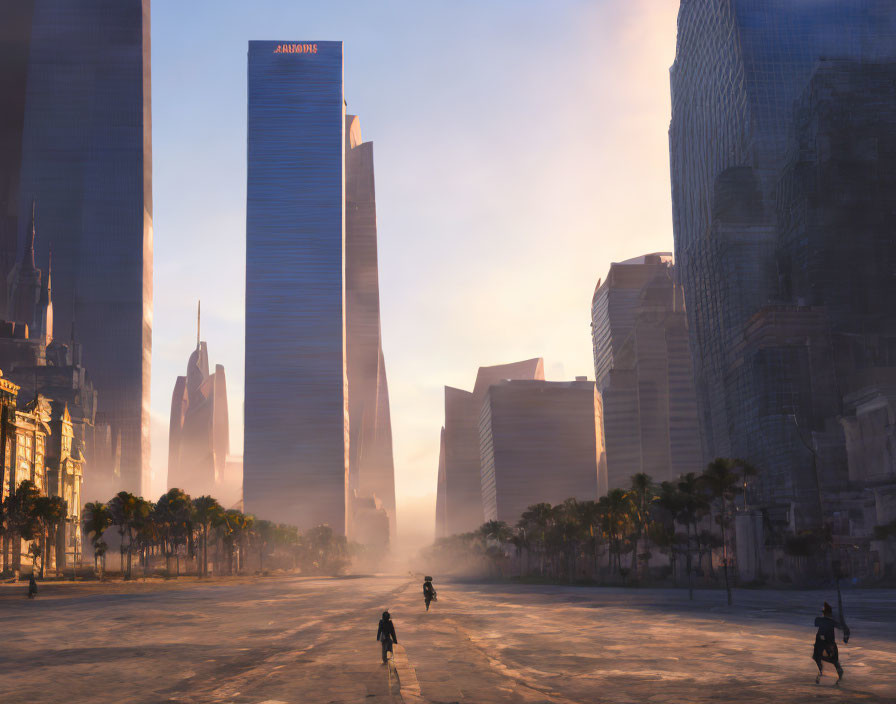 City street at sunrise with silhouettes of people and empty roads.