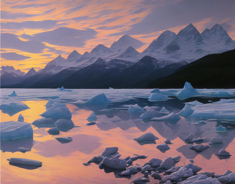 Serene mountain landscape at sunset with icebergs in a reflective lake