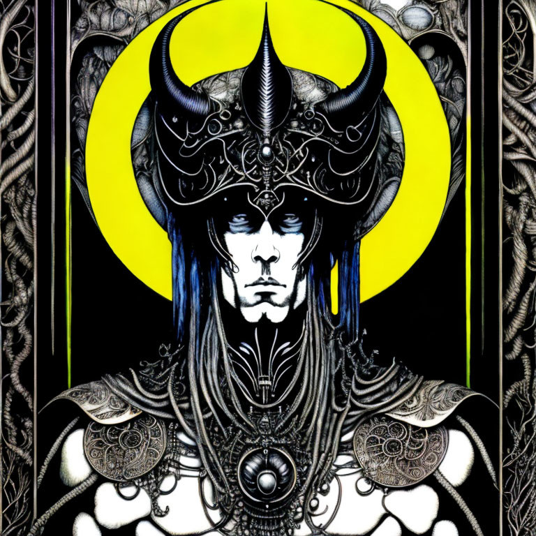 Fantasy character with horns in elaborate armor against moonlit backdrop