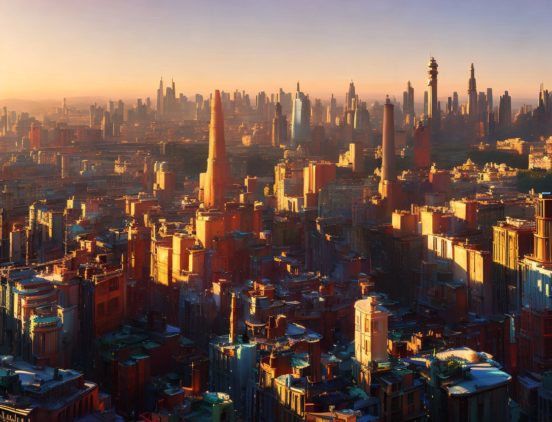 Sunrise Cityscape: Panoramic View with Towering Skyscrapers