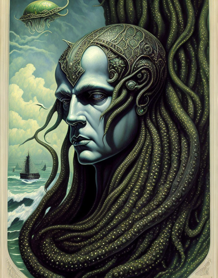 Surreal humanoid portrait with headpiece and tentacle-like hair in dreamlike landscape