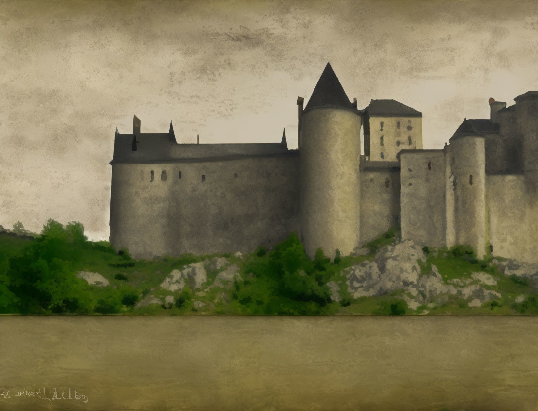 Digital painting of ancient stone castle on rocky hill by calm water