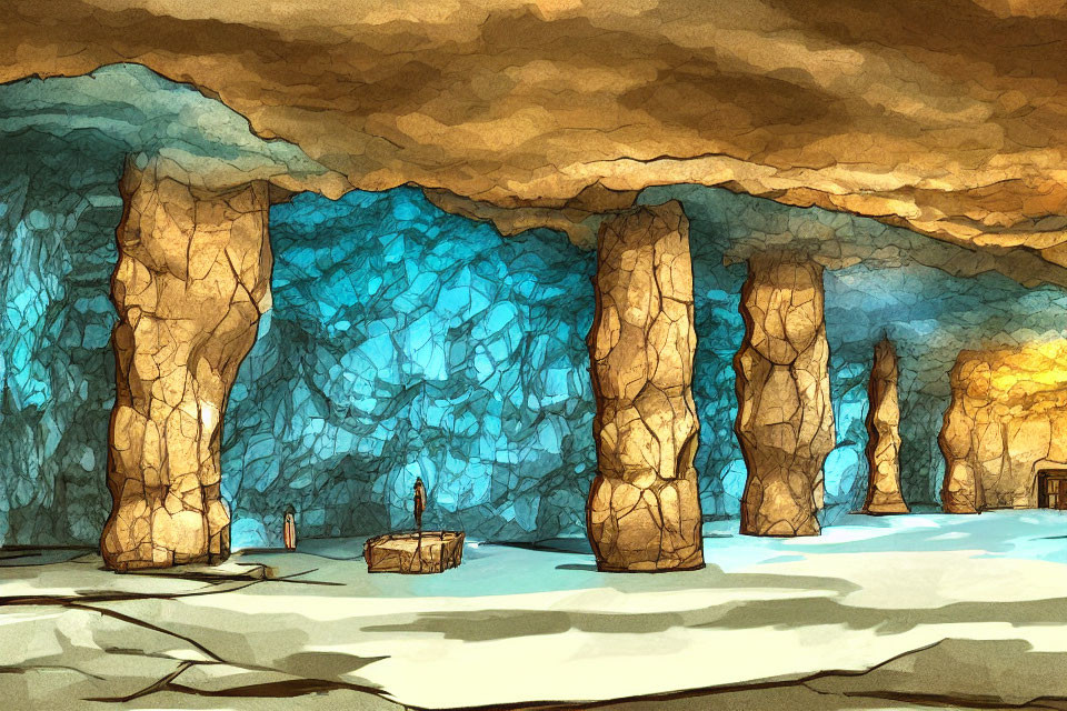 Illustrated cavern with towering pillars, stalactites, stalagmites, and wooden crate.