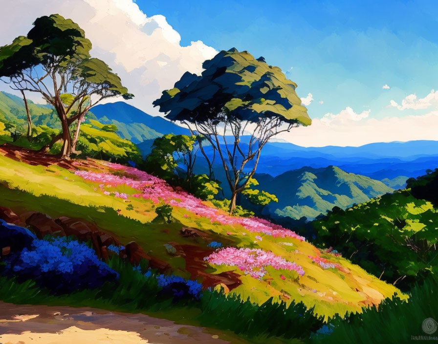 Colorful landscape painting with trees, blooming flowers, and mountain ranges under blue sky