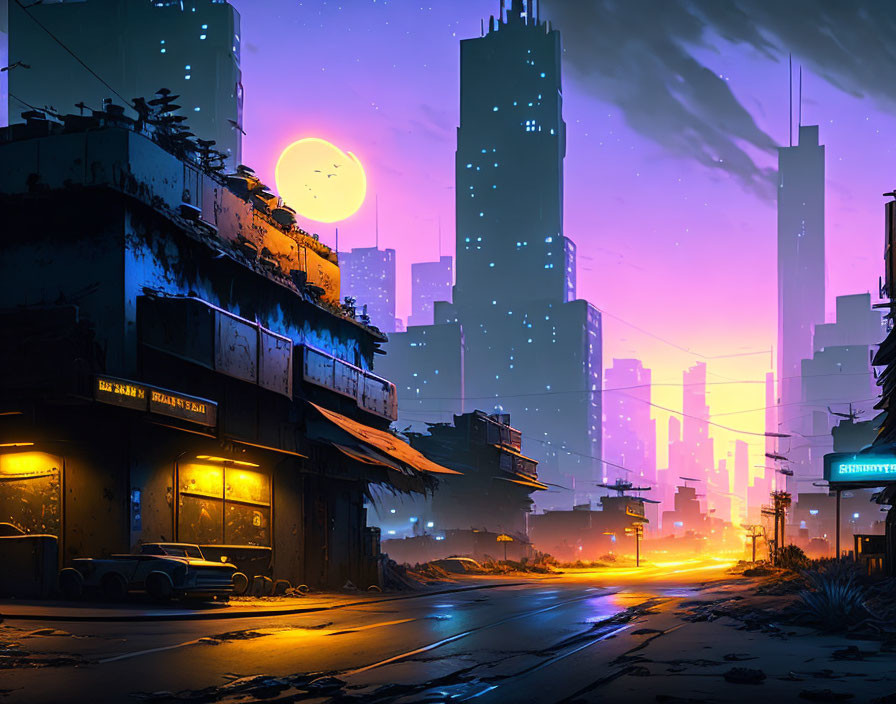 Cyberpunk cityscape at dusk with neon signs, skyscrapers, and abandoned vehicles