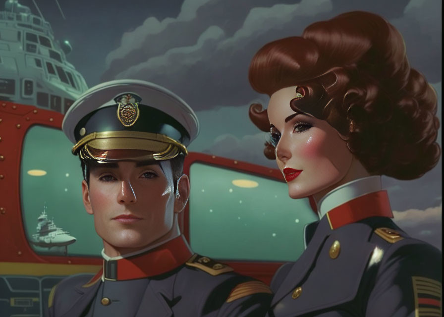 Military-style uniforms in retro-futuristic setting with male and female characters