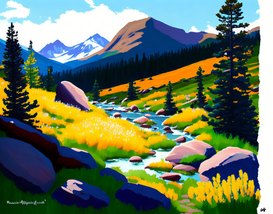 Mountainous Landscape Digital Painting with Stream, Trees, Wildflowers, and Boulders