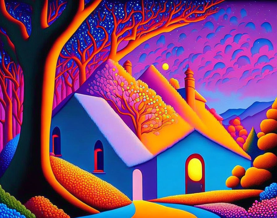 Colorful Landscape with Blue House, Orange Trees, and Purple Sky