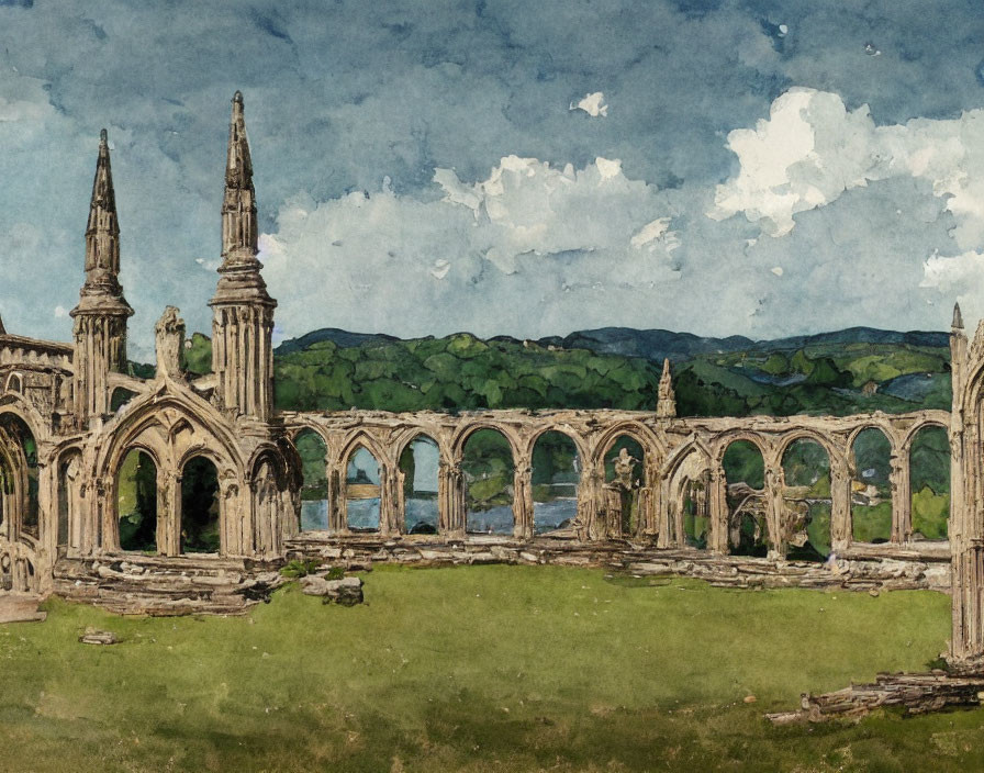 Gothic cathedral ruins in grassy field with arches and spires