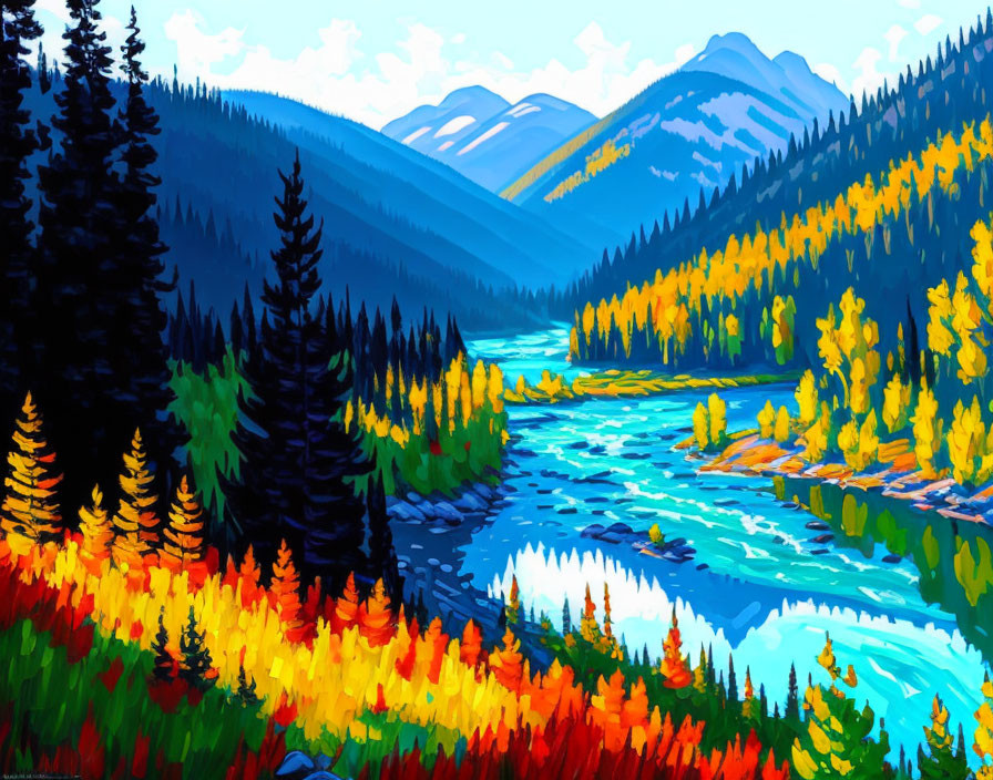 Colorful painting of river in forest with autumn trees and mountains