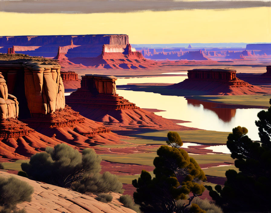 Red rock desert landscape with distant plateaus and reflective river