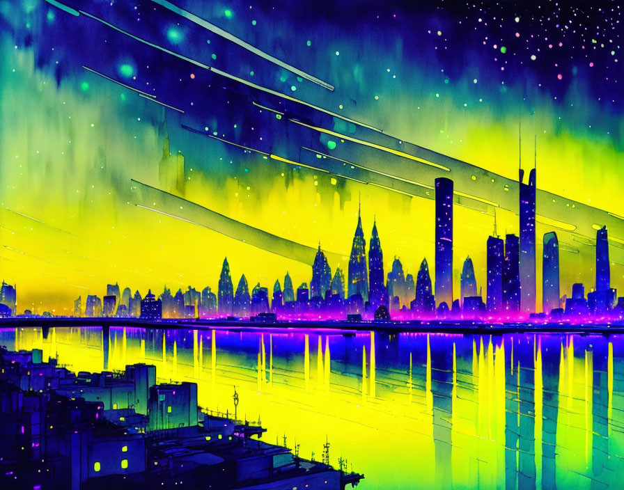 Colorful cityscape with skyscrapers under starry sky and water reflection