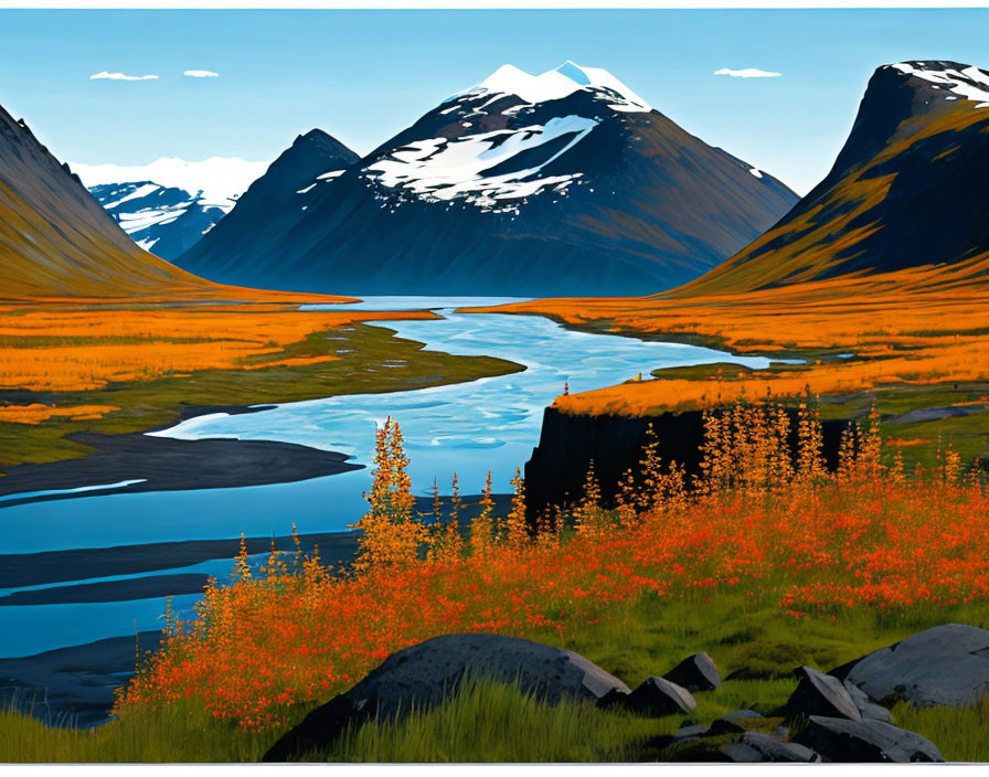 Serene autumn landscape with river, meadows, mountains, and blue sky