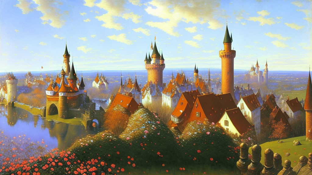 Fantastical landscape with castles, lush greenery, flowers, and river