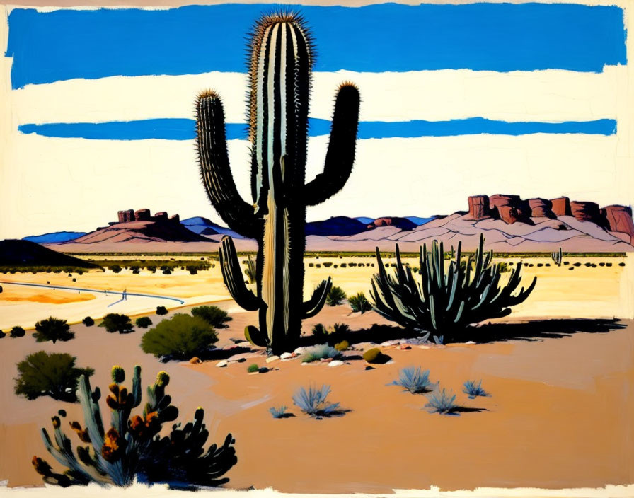 Colorful desert painting with cactus, mountains, and striped skies