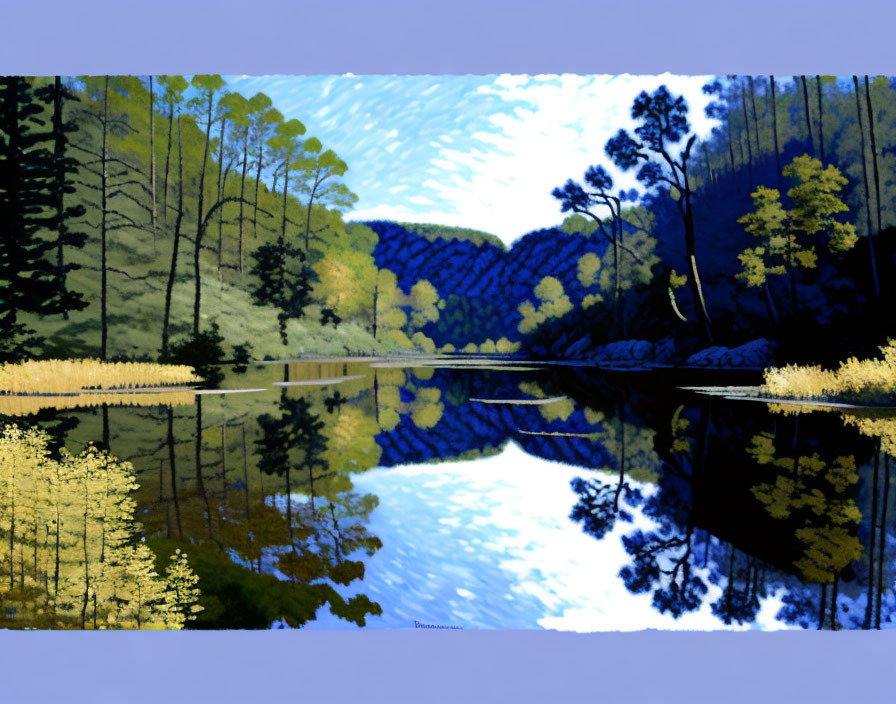 Tranquil river landscape reflecting vibrant blue sky