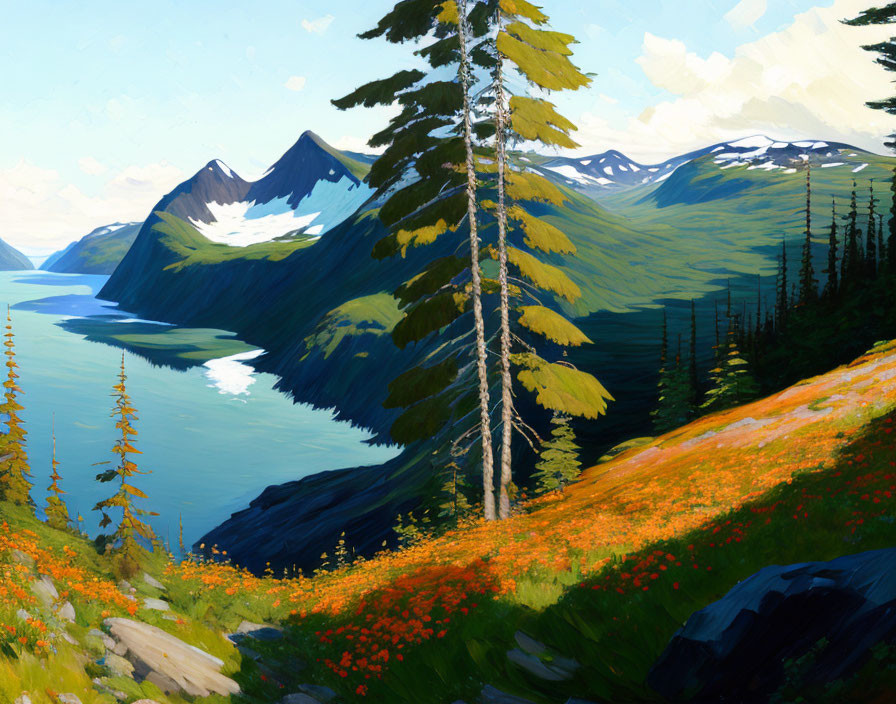 Scenic digital painting of mountain landscape with lake, trees, flowers, and snow-capped peaks