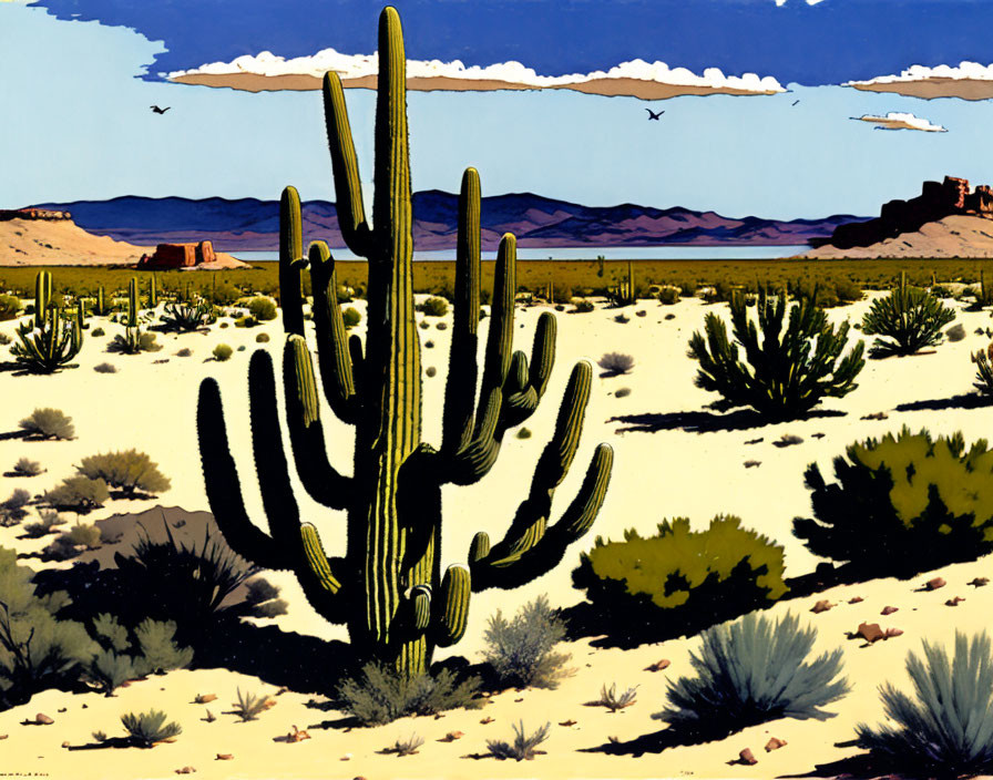 Colorful desert landscape with large cactus, plants, birds, and mountains under blue sky