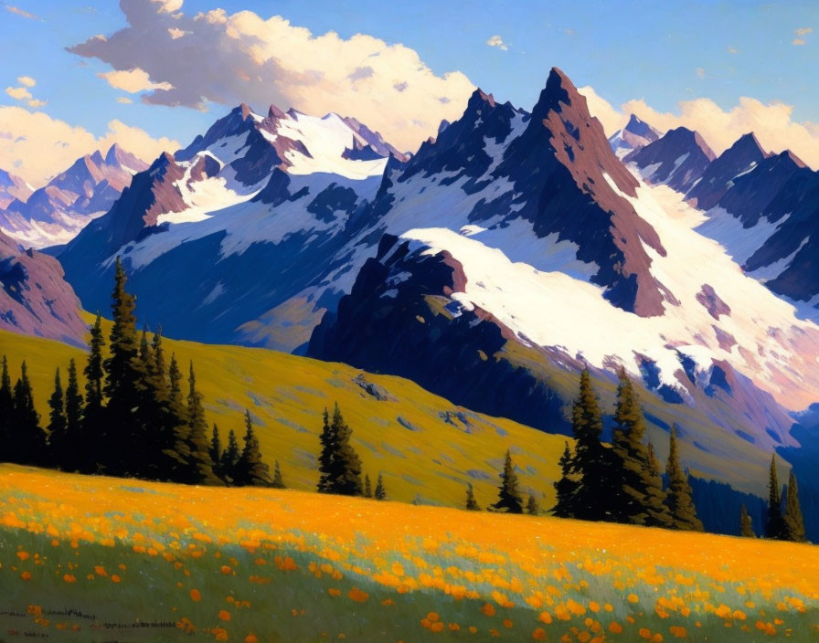 Scenic painting of yellow flowers, green trees, mountains, and blue sky