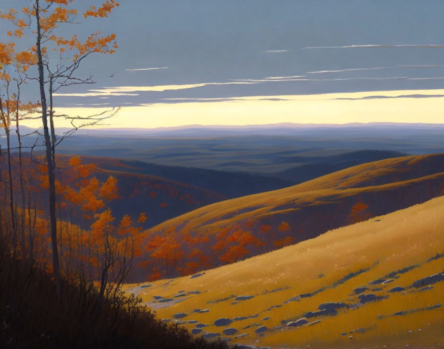 Tranquil autumn landscape with rolling hills and golden grass