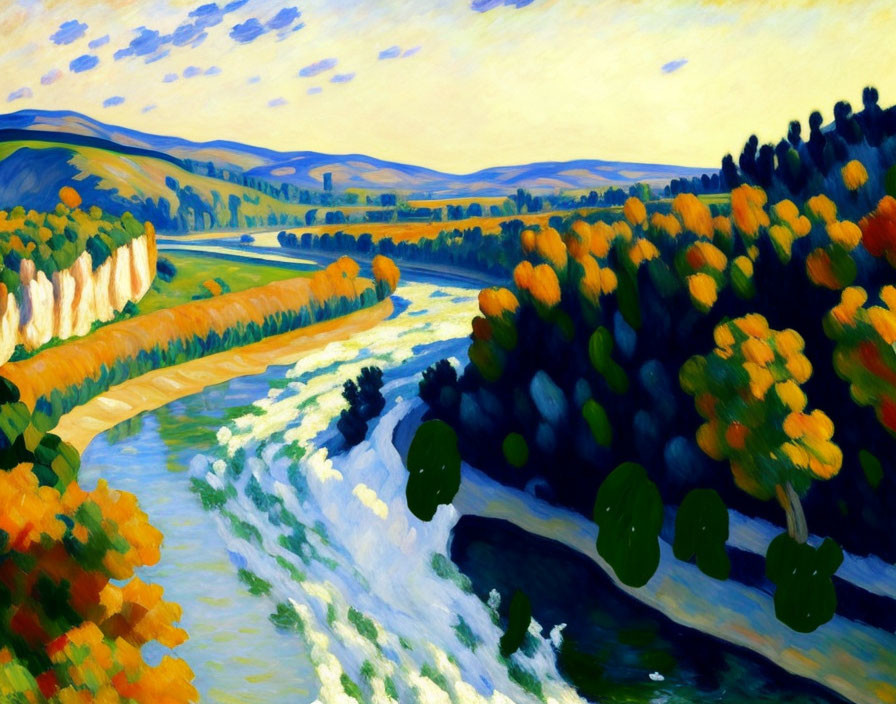 Colorful Autumn Landscape with River and Rolling Hills