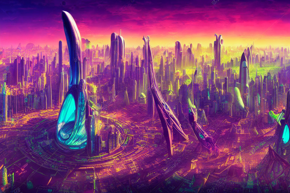 Futuristic cityscape with organic skyscrapers under purple sky