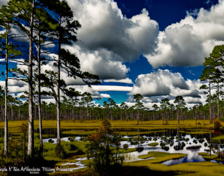 Scenic pine forest landscape with water pools under dynamic sky