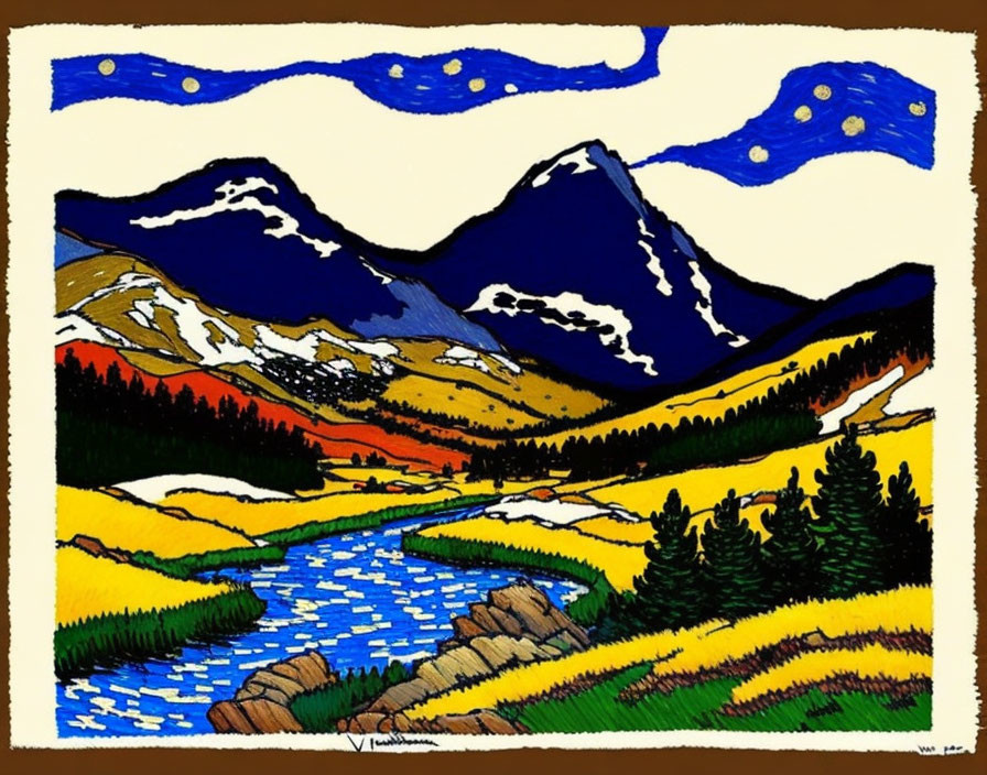 Stylized landscape painting with vibrant blue skies, dark mountains, golden meadows, and a me