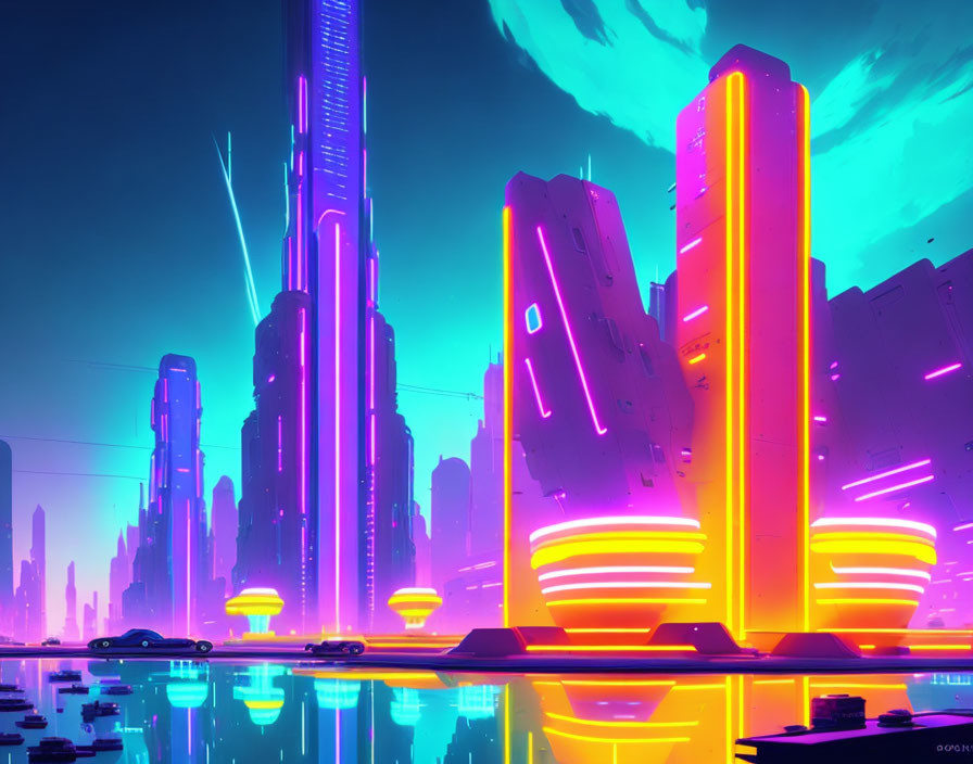 Neon-lit futuristic cityscape with towering skyscrapers