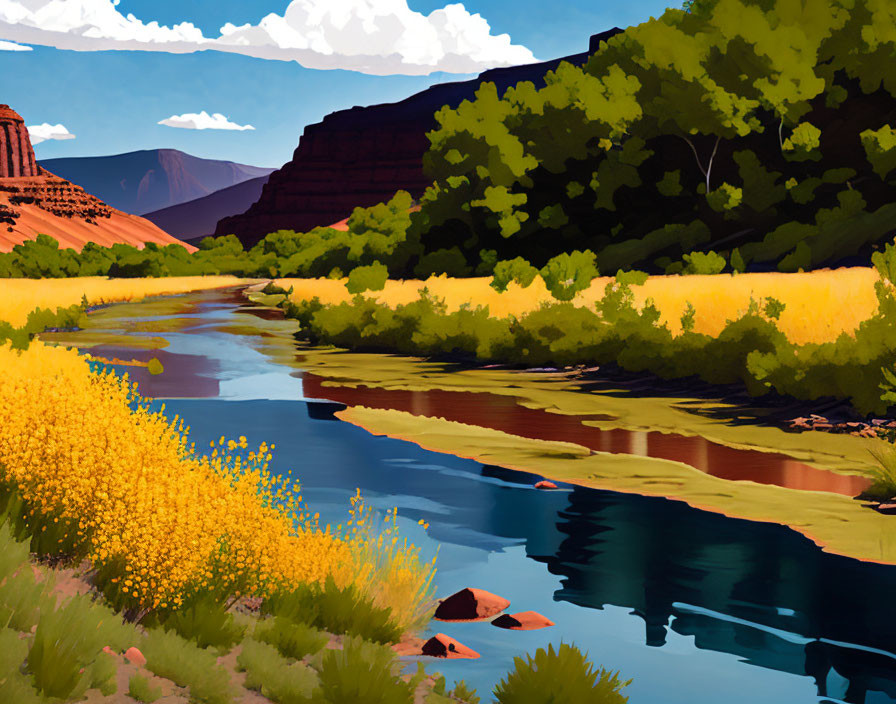 Scenic digital painting of river in canyon with greenery & yellow wildflowers