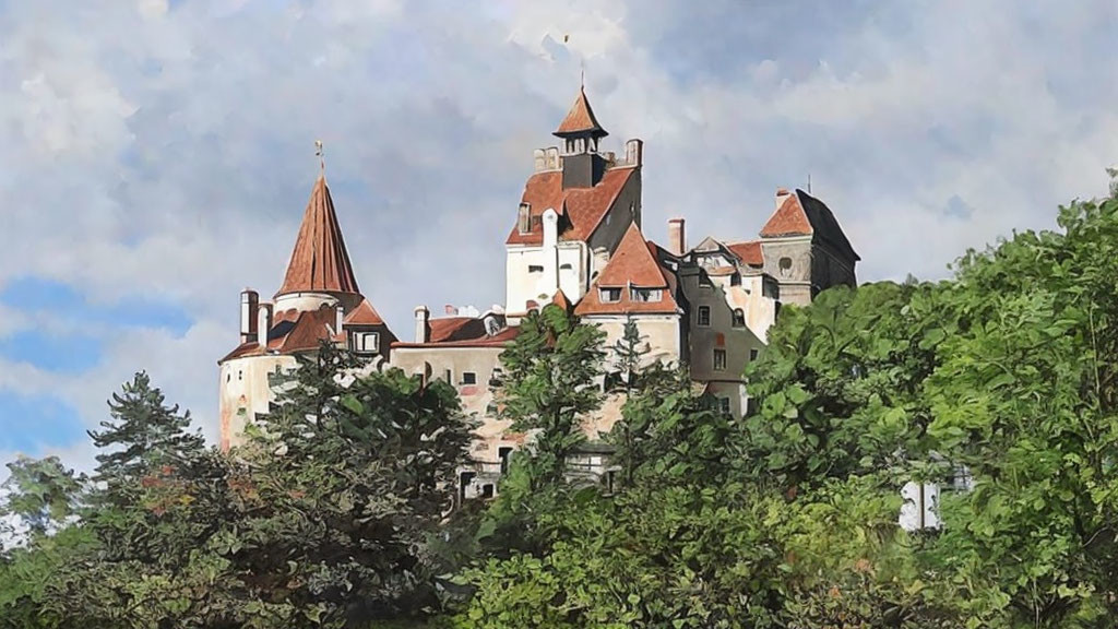 Castle with Red Roofs and Turrets Amid Green Trees