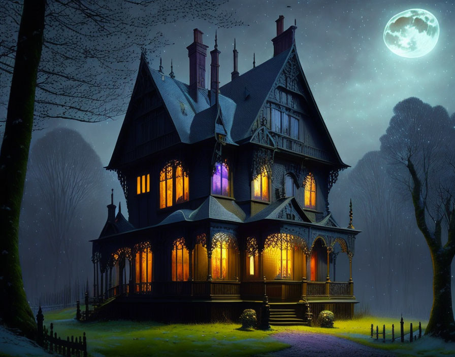 Victorian-style haunted house at night under full moon with glowing lantern