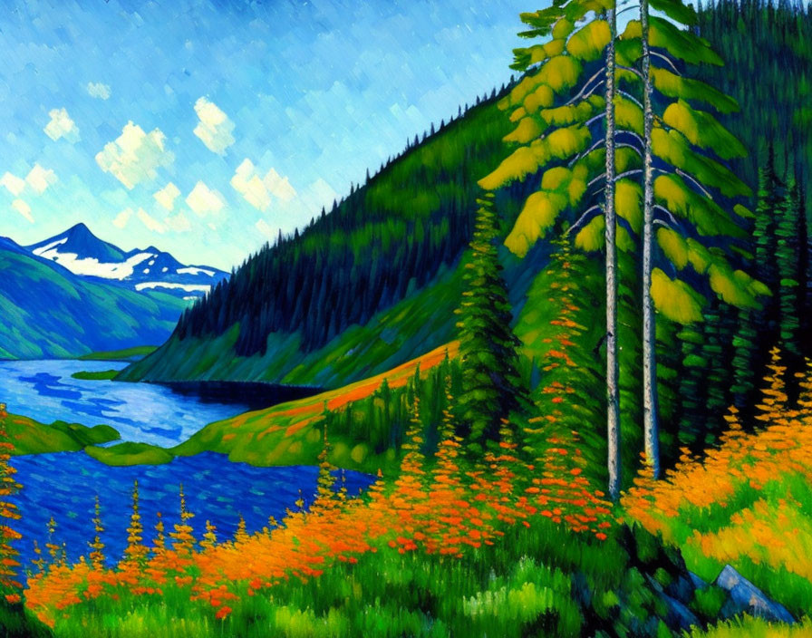 Scenic river painting in mountain landscape with green trees and orange wildflowers