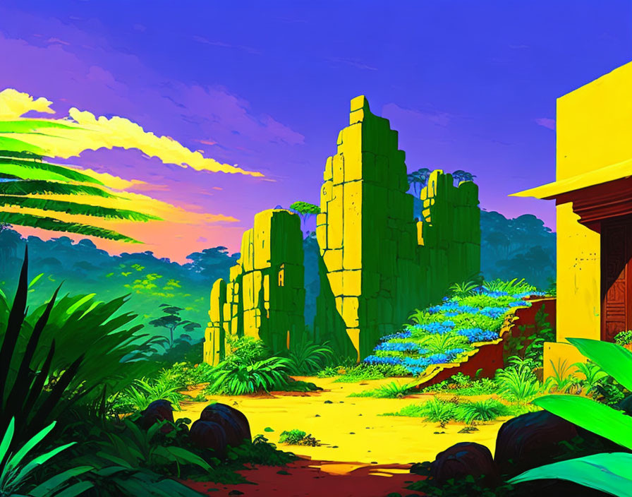 Colorful animated jungle landscape with green rock formations and yellow building