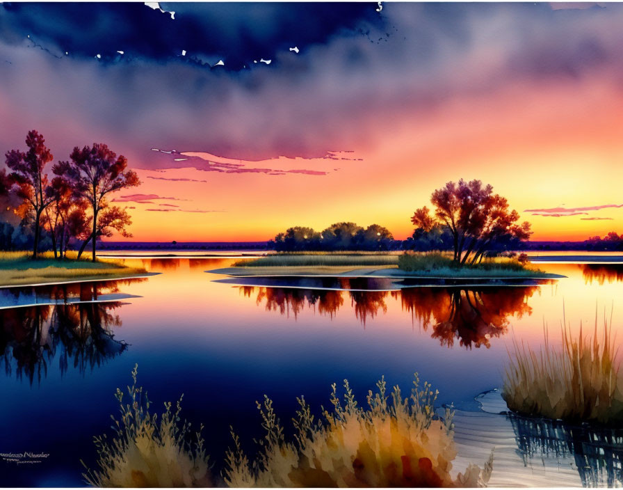 Colorful sunset reflected in lake with silhouetted trees and birds in sky