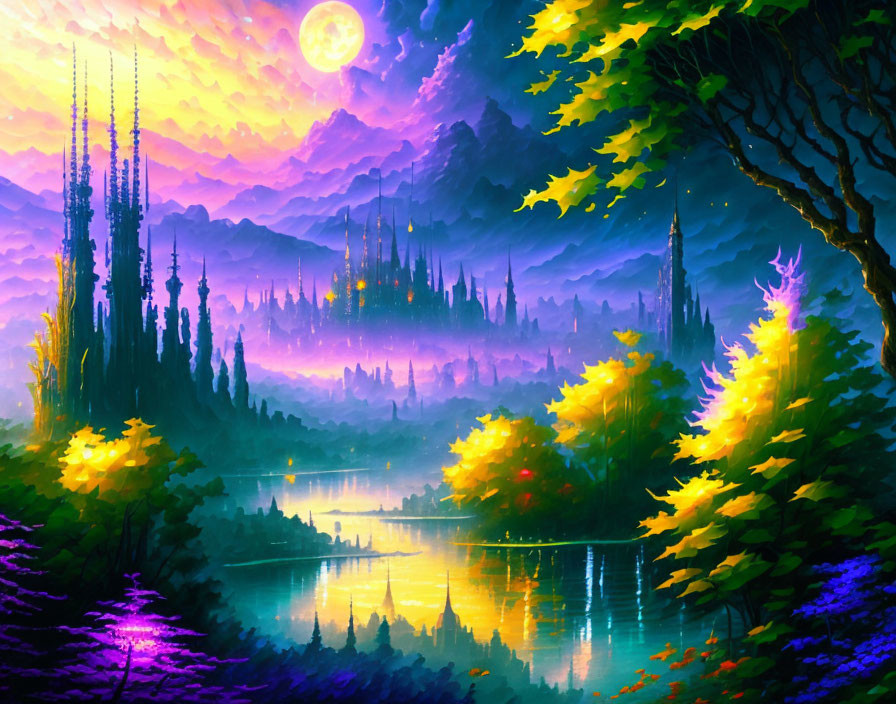 Fantasy landscape with luminous trees, serene lake, castle, mountains, starry sky, large