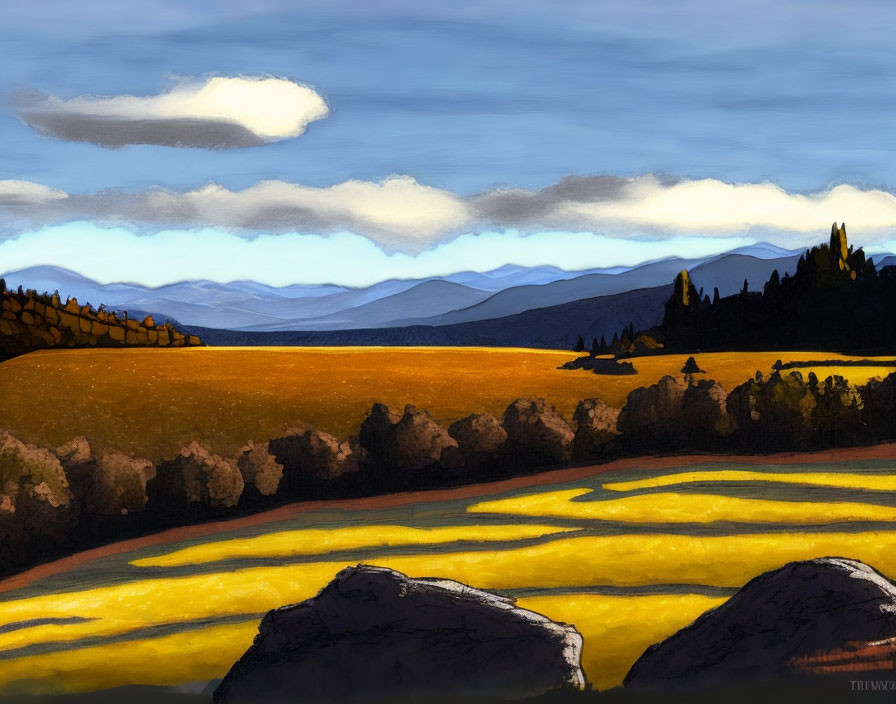 Golden Fields and Mountains in Sweeping Landscape