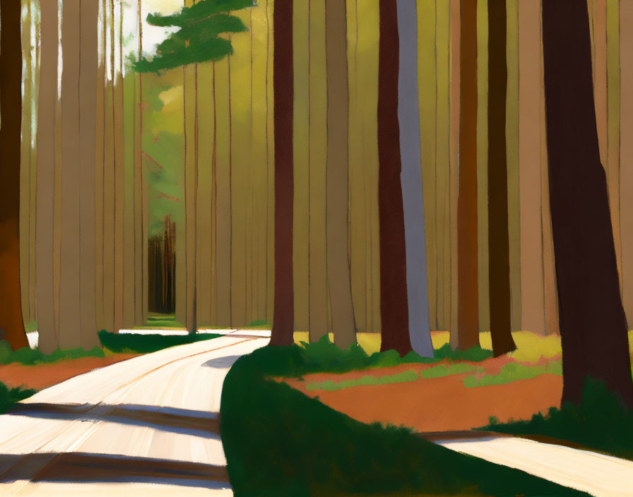 Tranquil forest scene with tall trees and dappled sunlight.