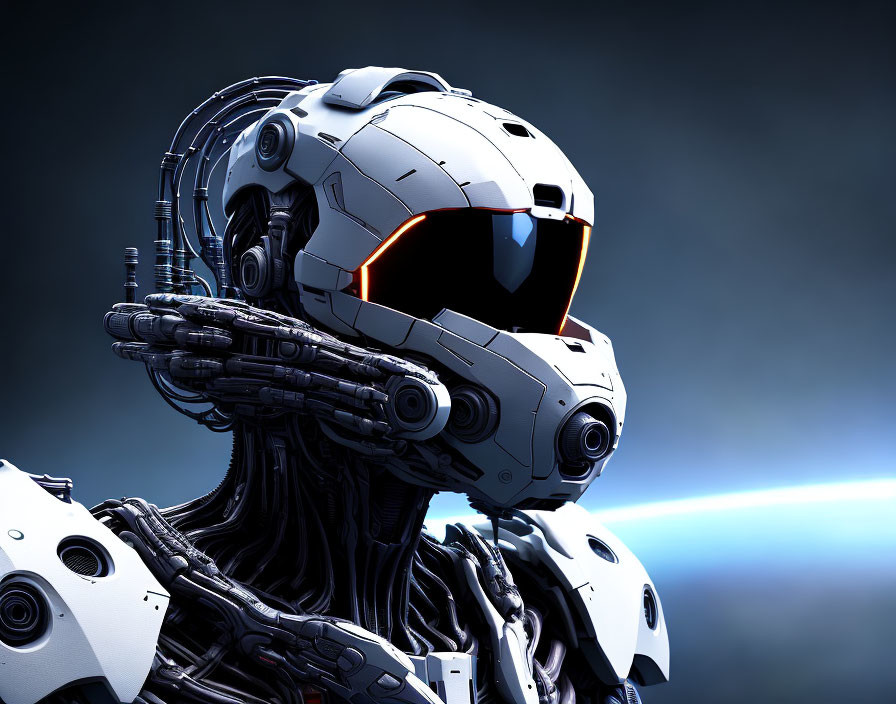 Futuristic robot with white and black exoskeleton head and orange visor