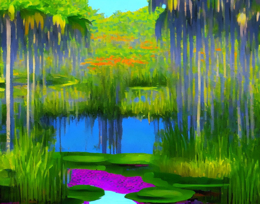 Impressionist-style painting of a lush green pond with willows, flowers, and reflections