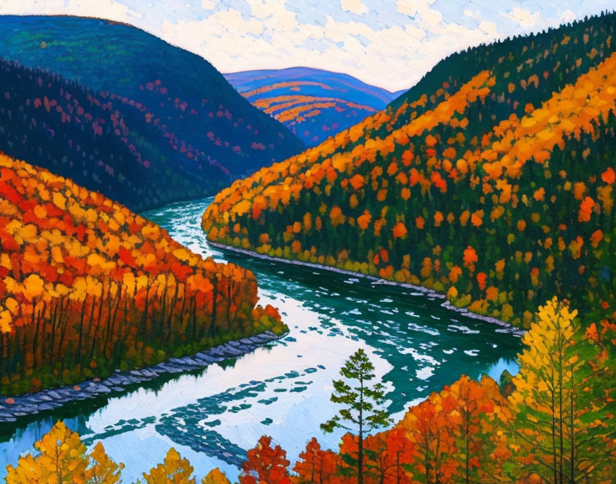 Scenic autumn river painting with colorful forest and hills