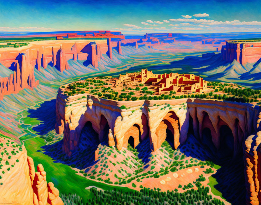 Desert landscape painting with Pueblo village and towering cliffs