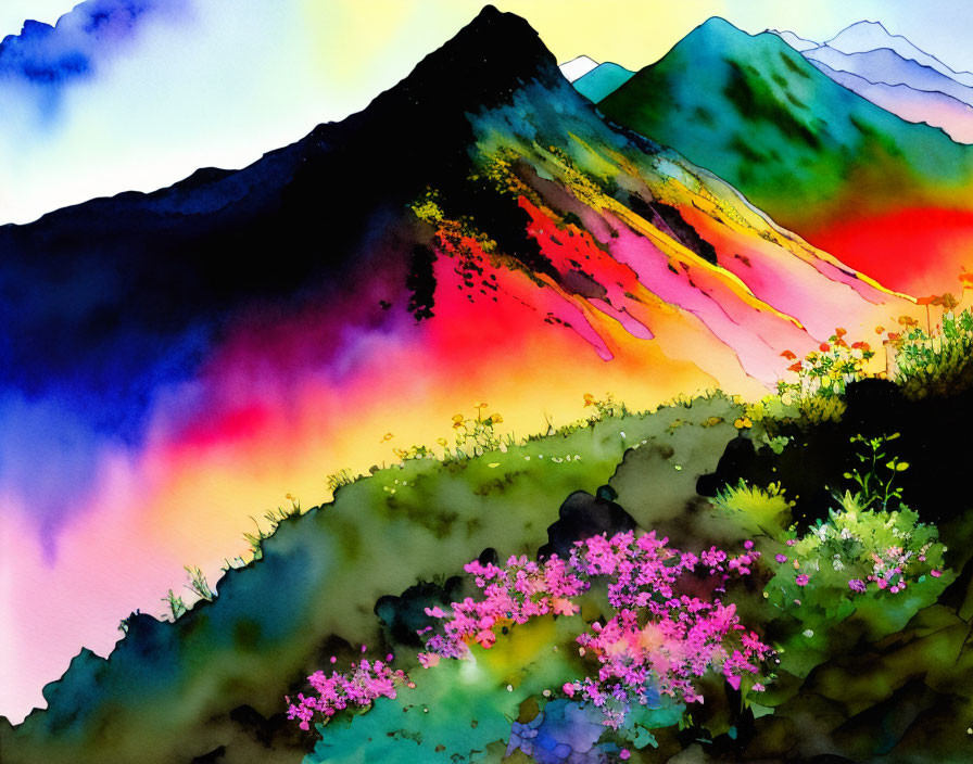 Colorful Watercolor Painting of Mountain Landscape with Pink Wildflowers