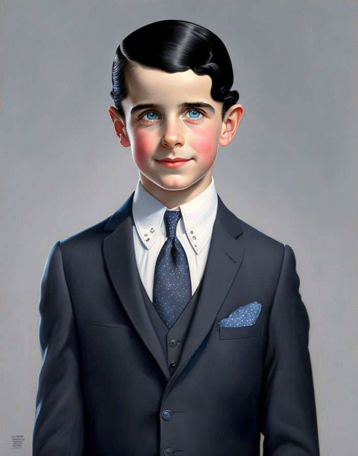 Portrait of young boy in navy blue suit with dark hair